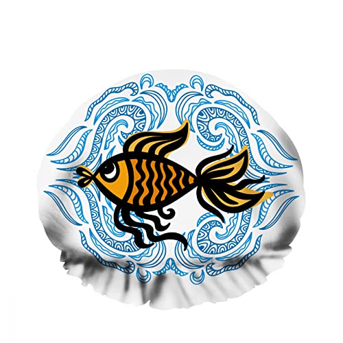 Doppelte wasserdichte Bade-Duschkappe Blue Water Wave Beautiful Gold Fish Ripple Line Wiederverwendbarer Mode-Duschhut für Frauen Beauty, BathHair Spa, Home Hotel Travel Use von Ahdyr