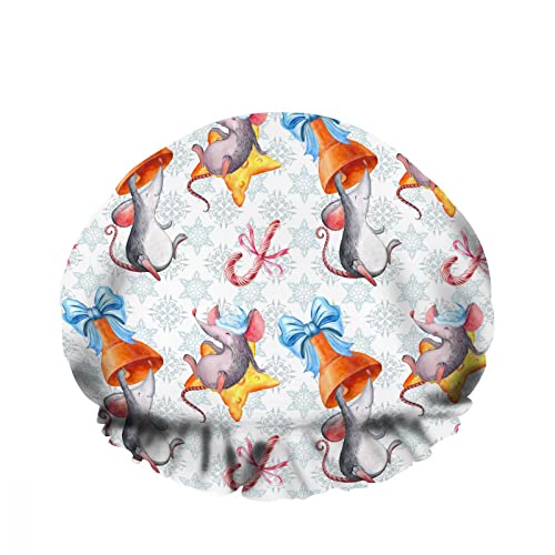 Doppelte wasserdichte Bade-Duschkappe Lustige Maus hing Weihnachten Bowknot Bell Bow Star Wiederverwendbarer Mode-Duschhut für Frauen Schönheit, BathHair Spa, Home Hotel Travel Use von Ahdyr