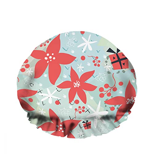 Doppelte wasserdichte Bade-Duschkappe Rote Ahornblätter Weihnachten Rot Schöne Geschenkbox Staubblatt Wiederverwendbarer modischer Duschhut für Frauen Schönheit, BathHair Spa, Home Hotel Travel Use von Ahdyr