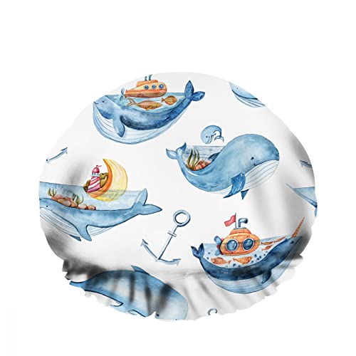 Doppelte wasserdichte Bade-Duschkappe Sea Life Ocean Water Blue Whale Cute Cartoon Wiederverwendbarer Mode-Duschhut für Frauen Beauty, BathHair Spa, Home Hotel Travel Use von Ahdyr