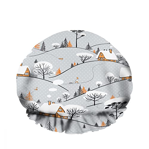 Doppelte wasserdichte Bade-Duschkappe Wintergebäude Schneefallabdeckung Pine Tree Mountain Line Wiederverwendbarer modischer Duschhut für Frauen Schönheit, BathHair Spa, Home Hotel Travel Use von Ahdyr