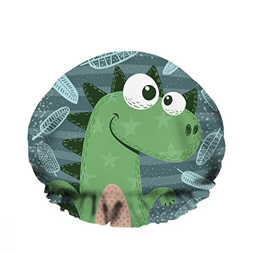 Doppelte wasserdichte Duschhaube, niedlich, lustig, verrückt, Dinosaurier-Charaktere, grünes Blatt, Mode, wiederverwendbar, Mode-Duschhut für Frauen, Schönheit, BathHair Spa, Home Hotel Travel Use von Ahdyr