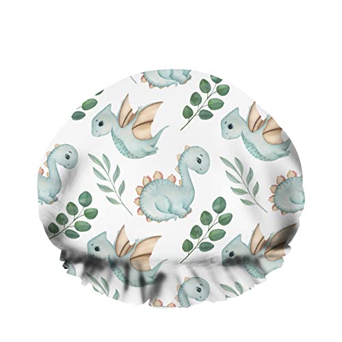 Doppelte wasserdichte Duschhaube, niedlicher Dinosaurier-Zweig, leichtes Tier, Cartoon-Blattfliege, wiederverwendbar, modischer Duschhut für Frauen, Schönheit, BathHair Spa, Home Hotel Travel Use von Ahdyr