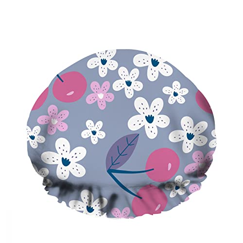 Doppelte wasserdichte Duschhaube Kirschen Blume Cartoon Blatt Farbe Blumenblüte Rosa wiederverwendbare Mode Duschhut für Frauen Schönheit, BathHair Spa, Home Hotel Travel Use von Ahdyr