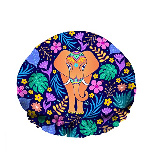 Doppelte wasserdichte Duschhaube Orange Elefant Tropische Blumen Blatt Doodle Palm Branch Wiederverwendbarer modischer Duschhut für Frauen Beauty, BathHair Spa, Home Hotel Travel Use von Ahdyr