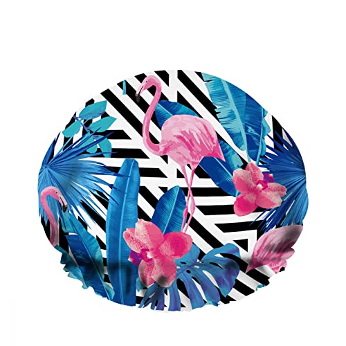 Doppelte wasserdichte Duschhaube Pink Flamingos Orchid Blue Plant Jungle Palm Leaf Wiederverwendbarer modischer Duschhut für Frauen Beauty, BathHair Spa, Home Hotel Travel Use von Ahdyr