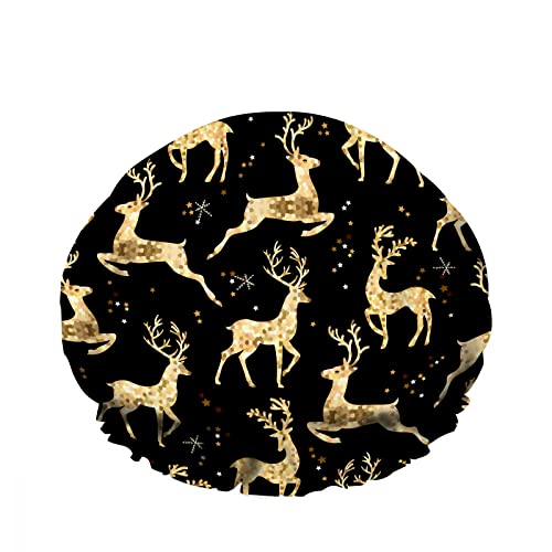 Doppelte wasserdichte Duschhaube Weihnachten Gold Hirsch Schwarz Geschenke Star Run Lustiger wiederverwendbarer modischer Duschhut für Frauen Beauty, BathHair Spa, Home Hotel Travel Use von Ahdyr