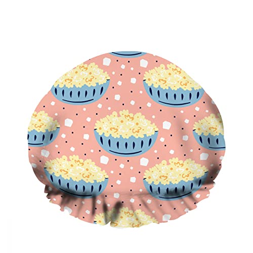 Doppelte wasserdichte Duschhaube mit blauer Schüssel, Popcorn-Snacks, Cartoon, buntes Gericht, gelb, wiederverwendbar, modisch, Duschhut für Frauen, Schönheit, BathHair Spa, Home Hotel Travel Use von Ahdyr