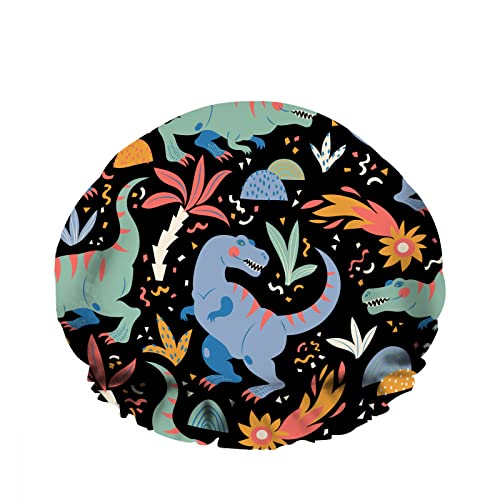 Doppelte wasserdichte Duschhaube mit niedlichem Dinosaurier-Gekritzel-Blatt-Gras-Zweig-Karikatur-wiederverwendbarer modischer Duschhut für Frauen, Schönheit, BathHair Spa, Home Hotel Travel Use von Ahdyr