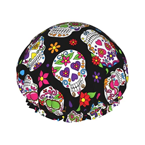 Duschhaube Sugar Skull wiederverwendbare Badehauben für Frauen langes Haar, doppelschichtiger wasserdichter Badeduschhut Haarschutz für Kinder Mädchen Frauen, 1 Packung von Ahdyr