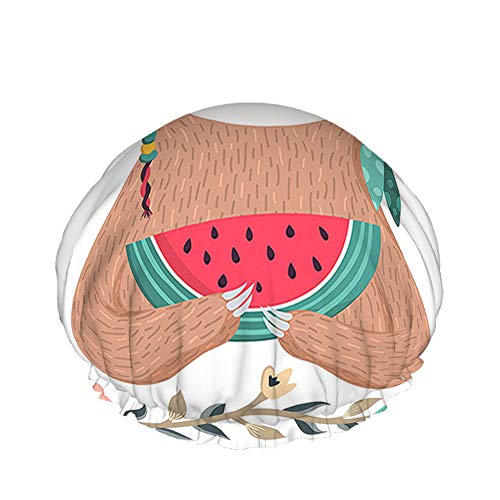 Faultier-Duschkappe, süßes Hipster-Tier-Faultier, das Wassermelone isst, mit Brille, Blume, Blatt, große Badekappen für Damen, Herren, Mädchen, langes Haar, wasserdicht, wiederverwendbare Hüte von Ahdyr