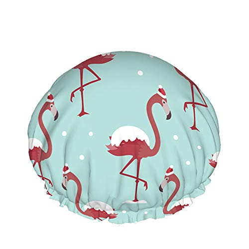 Flamingo In Red Hat Bath Shower Cap Christmas Pattern Snow Exotic Animal Funny Bird Shower Caps for Women Double Bathing Shower Hat Hair Protection Wiederverwendbar von Ahdyr