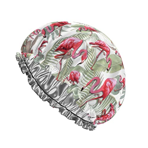 Flamingos Grüner Baum Duschhaube Wiederverwendbare Badekappe für Frauen Haarschutz Weiche Haarhaube mit PEVA-Futter & Gummiband Modische Haarbadekappen Doppelschicht Wasserdichte Badedusche Ha von Ahdyr