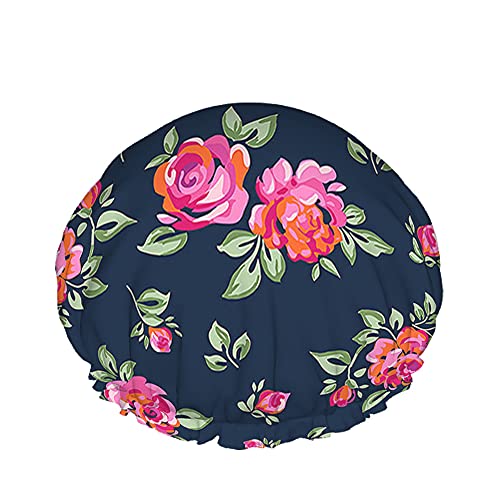 Florale Duschhaube Natur Garten Rosa Rot Rose Blume Grüne Blätter zum Valentinstag Große Badekappen für Damen Herren Mädchen Langes Haar Wasserdichte wiederverwendbare Hüte von Ahdyr