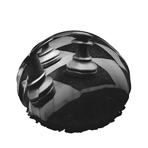 Frauen Wiederverwendbarer Haarhut mit Stretchsaum 3D-Schwarz-Weiß-Schachschlacht DoubleWaterproof Duschhaube Badekappe von Ahdyr