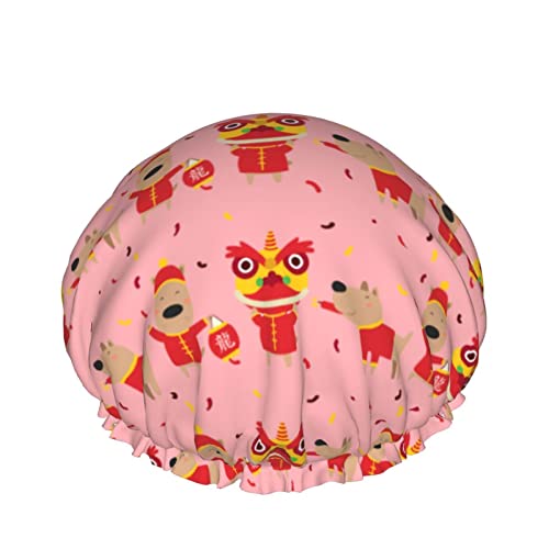 Frauen Wiederverwendbarer Haarhut mit Stretchsaum Cartoon Hund Löwe Drache DoubleWaterproof Duschhaube Badekappe von Ahdyr