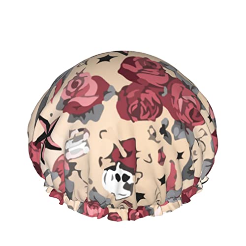 Frauen Wiederverwendbarer Haarhut mit Stretchsaum Girly Tattoo Rose Skull Halloween DoubleWaterproof Shower Cap Bath Cap von Ahdyr