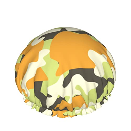 Frauen Wiederverwendbarer Haarhut mit Stretchsaum im Freien Camouflage Orange Print DoubleWaterproof Duschhaube Badekappe von Ahdyr