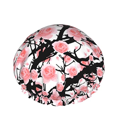 Frauen wiederverwendbarer Stretch-Saum-Haar-Hut-Blumen-Baum-Rosa-Kirschblüte DoubleWaterproof-Duschhaube-Badekappe von Ahdyr