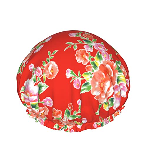 Frauen wiederverwendbarer Stretch-Saum-Haar-Hut Chinese Asia Floral Red Plaid DoubleWaterproof Duschhaube Badekappe von Ahdyr