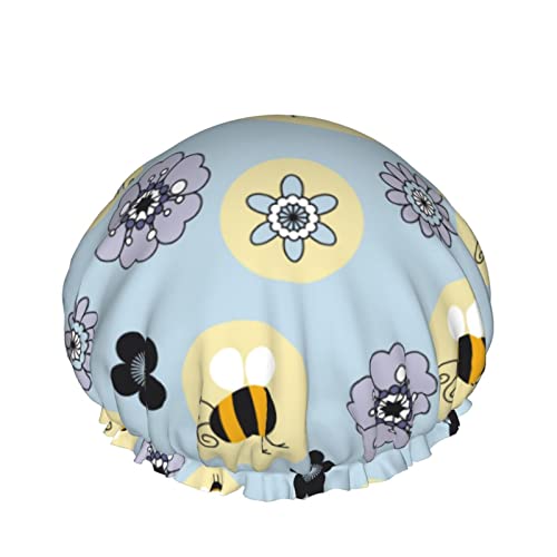 Frauen wiederverwendbarer Stretch-Saum-Haar-Hut-Karikatur-Bienen-Blumen-DoubleWaterproof-Duschkappen-Badekappe von Ahdyr