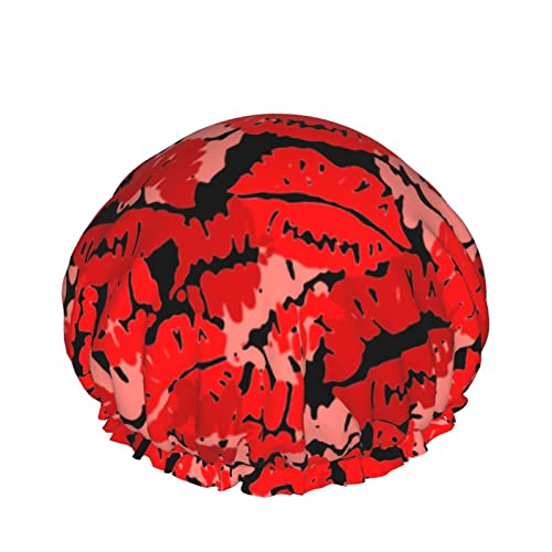 Frauen wiederverwendbarer Stretch-Saum-Haar-Hut Roter Lippenstift für den Valentinstag DoubleWaterproof Shower Cap Bath Cap von Ahdyr