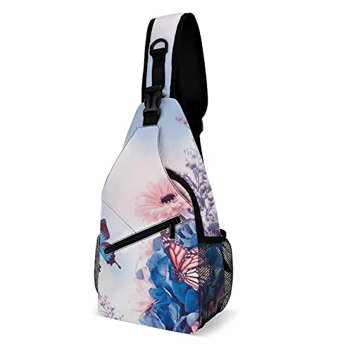 Frühlings-Hortensien-Schmetterlings-Umhängetasche für Damen und Herren, leichter, verstellbarer Verlängerungsgurt, Blumen-Natur-Schulterrucksack mit Wasserflaschenhalter, lässiger Tagesrucksack für von Ahdyr