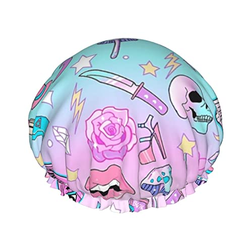 Girly Pastel Witch Goth Pattern Duschhauben für Frauen, wasserdichte wiederverwendbare Duschhaarkappen Badekappen Turban Duschhaube für Mädchen von Ahdyr