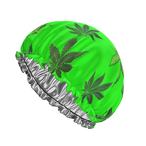 Green Weed Leaf Duschhaube Wiederverwendbare Badekappe für Frauen Haarschutz Weiche Haarhaube mit PEVA-Futter und elastischem Band Mode-Haar-Badekappen Doppellagiger wasserdichter Bade-Duschhut von Ahdyr