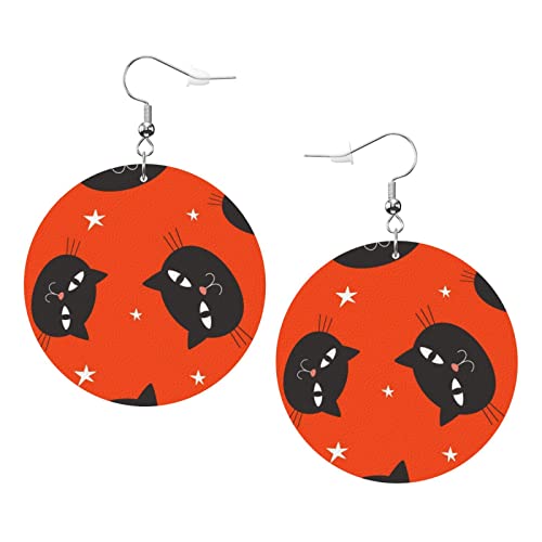 Halloween Lustige schwarze Katzen auf orangem Hintergrund Kunstleder Runde Ohrringe für Teenager Mädchen Frauen Tropfen Ohrhänger Geschenk von Ahdyr