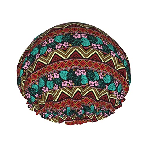 Hibiskusblüten und Palmblätter Tribal Ethnic Duschhauben für Frauen, wasserdichte wiederverwendbare Duschhaarkappen Badehauben Turban Duschhaube für Mädchen von Ahdyr