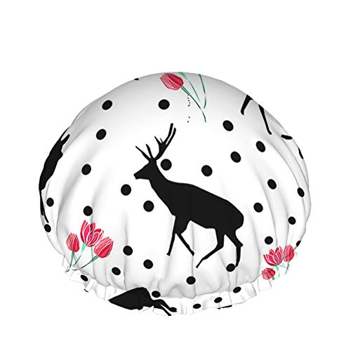 Hirsch Duschhaube Rosa Tulpe Blume Schwarz Polka Dots Kreis Rentier Große Badekappen für Frauen Männer Mädchen Langes Haar Wasserdichte wiederverwendbare Hüte von Ahdyr