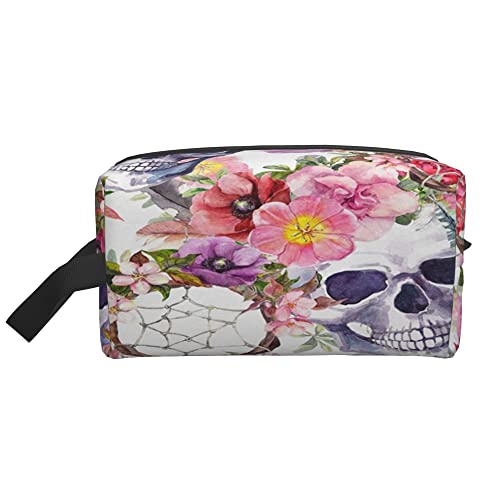 Kulturbeutel für Damen und Herren, wasserdichte Kosmetiktasche, Reise, Make-up-Tasche, Organizer mit Griff, Traumfänger, Totenköpfe, Blumen im Boho-Boho-Aufbewahrungsbeutel von Ahdyr