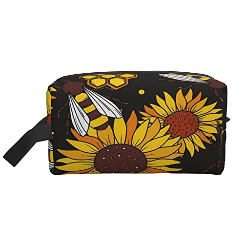 Kulturbeutel für Damen und Herren, wasserdichte Kosmetiktasche, Reise-Make-up-Tasche, Organizer mit Griff, Biene, Sonnenblume, Schwarze Aufbewahrungstasche von Ahdyr