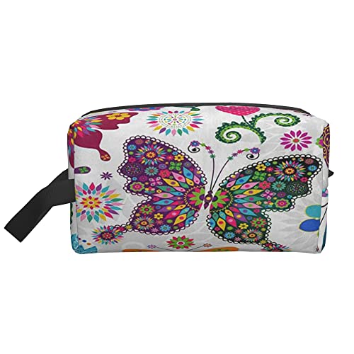 Kulturbeutel für Damen und Herren, wasserdichte Kosmetiktasche, Reise-Make-up-Tasche, Organizer mit Griff, Bunte Schmetterlinge, Blumen, Aufbewahrungstasche von Ahdyr