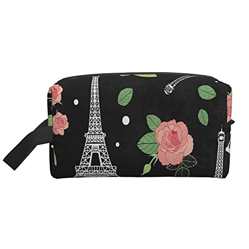 Kulturbeutel für Damen und Herren, wasserdichte Kosmetiktasche, Reise-Make-up-Tasche, Organizer mit Griff, Eiffelturm, Rose, Blume, Aufbewahrungstasche von Ahdyr