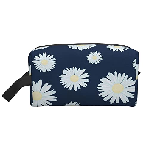 Kulturbeutel für Damen und Herren, wasserdichte Kosmetiktasche, Reise-Make-up-Tasche, Organizer mit Griff, Gänseblümchen, weiße Blumen auf Blauer Aufbewahrungstasche von Ahdyr