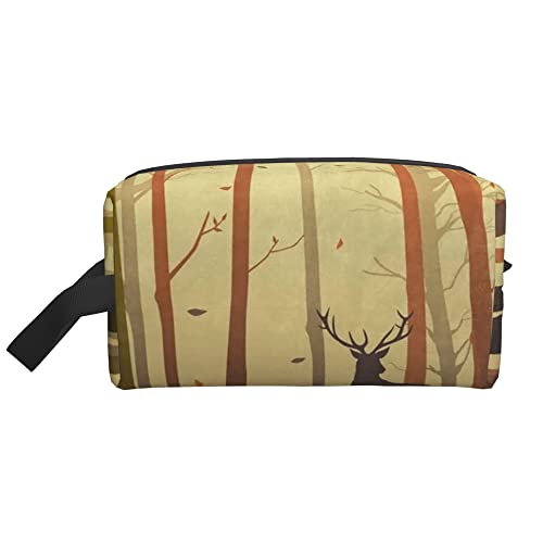 Kulturbeutel für Damen und Herren, wasserdichte Kosmetiktasche, Reise-Make-up-Tasche, Organizer mit Griff, Hirsch-Silhouette, Herbstwald, Aufbewahrungstasche von Ahdyr