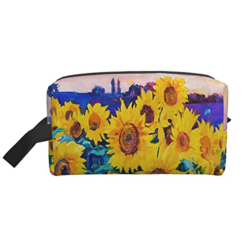 Kulturbeutel für Damen und Herren, wasserdichte Kosmetiktasche, Reise-Make-up-Tasche, Organizer mit Griff, Ölgemälde, Sonnenblumen-Aufbewahrungstasche von Ahdyr