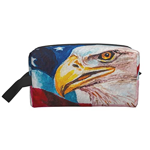 Kulturbeutel für Damen und Herren, wasserdichte Kosmetiktasche, Reise-Make-up-Tasche, Organizer mit Griff, Weißkopfseeadler und Aufbewahrungstasche mit amerikanischer Flagge von Ahdyr
