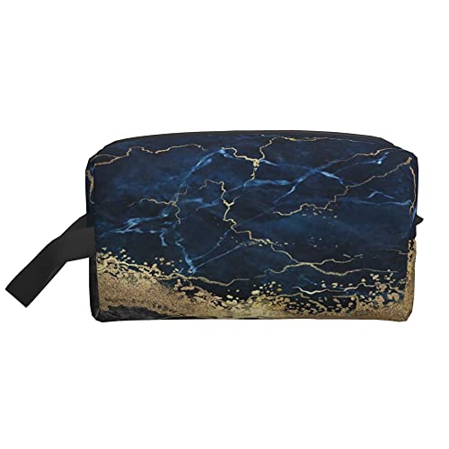 Kulturbeutel für Damen und Herren, wasserdichte Kosmetiktasche, Reise-Make-up-Tasche, Organizer mit Griff, marineblauer Marmor mit goldenen Adern, Aufbewahrungstasche von Ahdyr