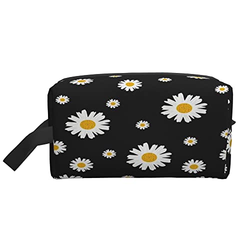 Kulturbeutel für Damen und Herren, wasserdichte Kosmetiktasche, Reise-Make-up-Tasche, Organizer mit Griff, schöne Gänseblümchen-Blumen-Schwarz-Aufbewahrungstasche von Ahdyr