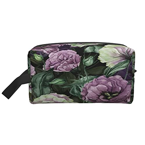 Kulturbeutel für Damen und Herren, wasserdichte Kosmetiktasche, Reise-Make-up-Tasche, Organizer mit Griff, schöne lila Blumen mit Blättern, Aufbewahrungstasche von Ahdyr