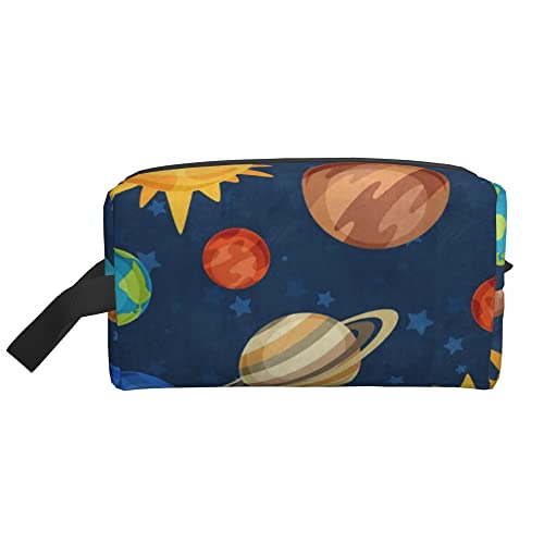 Kulturbeutel für Frauen und Männer, wasserdichte Kosmetiktasche, Reise, Make-up-Tasche, Organizer mit Griff, Cartoon-Weltraum, niedlich, Sonnensystem, Planeten, Aufbewahrungstasche von Ahdyr