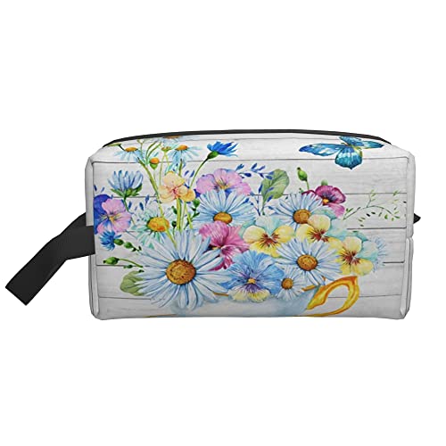 Kulturbeutel für Frauen und Männer, wasserdichte Kosmetiktasche, Reise, Make-up-Tasche, Organizer mit Griff, Gänseblümchen, weiße Blumen, Holz-Aufbewahrungstasche von Ahdyr