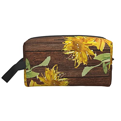 Kulturbeutel für Frauen und Männer, wasserdichte Kosmetiktasche, Reise, Make-up-Tasche, Organizer mit Griff, alte Holz-Sonnenblumen-Aufbewahrungstasche von Ahdyr