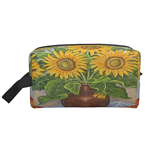 Kulturbeutel für Frauen und Männer, wasserdichte Kosmetiktasche, Reise, Make-up-Tasche, Organizer mit Griff, schöne Sonnenblumen in Vase, Ölgemälde-Aufbewahrungstasche von Ahdyr