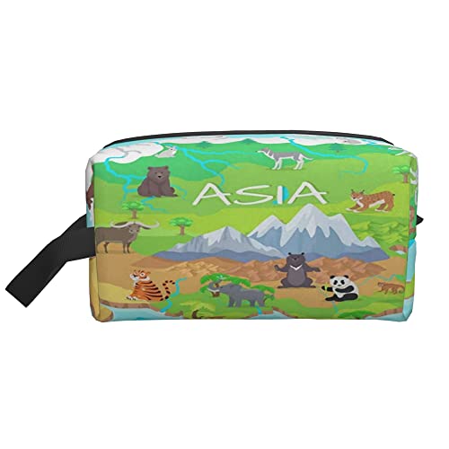 Kulturbeutel für Frauen und Männer wasserdichte Kosmetiktasche Reise Make-up Tasche Organizer mit Griff Asien Festland Cartoon Karte mit Fauna Species Aufbewahrungstasche von Ahdyr