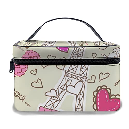 Leder-Make-up-Tasche, Kritzeleien Illustration von Eiffelturm-Herz-Kronleuchter-Blumen-Liebes-Valentinsgruß-Weinlese, wasserdichte tragbare Make-up-Taschen von Ahdyr