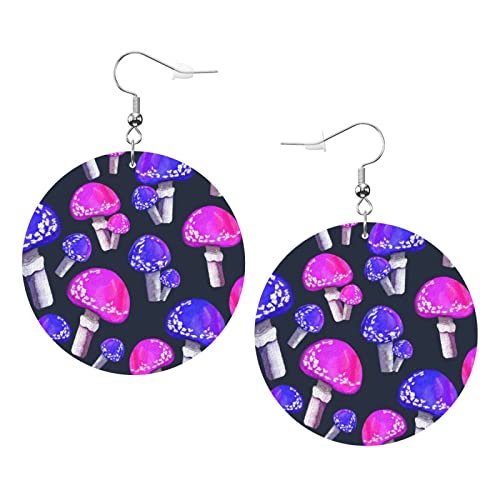 Lila und rosa Fliegenpilz-Aquarell-schwarzer Hintergrund. Runde Ohrringe aus Kunstleder für Teenager-Mädchen und Frauen, Tropfen-Ohrringe, Geschenk von Ahdyr
